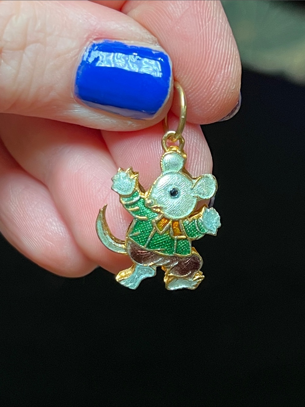 Vintage Guilloche Enamel Anthropomorphic Mouse Rodent Gold Gilt Charm Pendant
